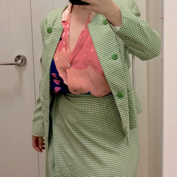2 piece set blazer skirt gingham green - Picture 1 of 16
